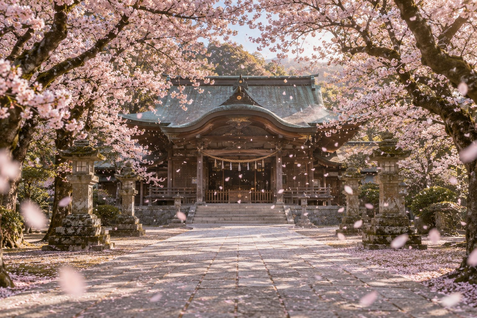 桜吹雪が舞う神社の参道と社殿。春の光と祈りを表したイメージ